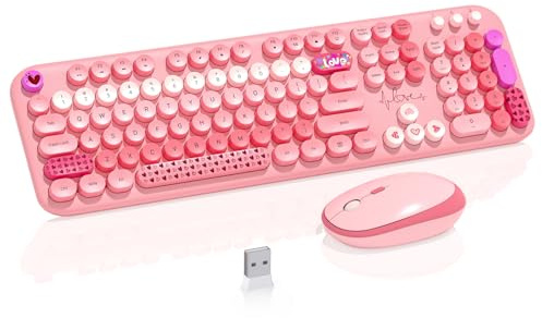 Wireless Keyboard Mouse,104 Full Size Cute Colorful Keyboard and Mouse with Retro Typewriter for PC/Mac/Laptop/Tablet/Computer/Windows/Microsoft, Pink