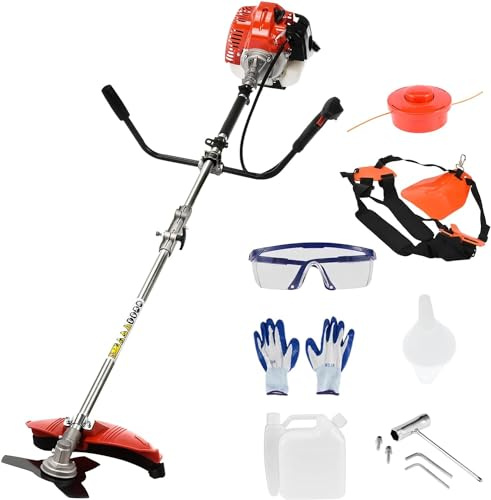Débroussailleuse de jardin à essence 52 cc alimentée au gaz 2 temps pour sac à dos Débroussailleuse 2 en 1 avec tige d'extension, coupe-bordures de pelouse pour gazon et buisson (rouge)
