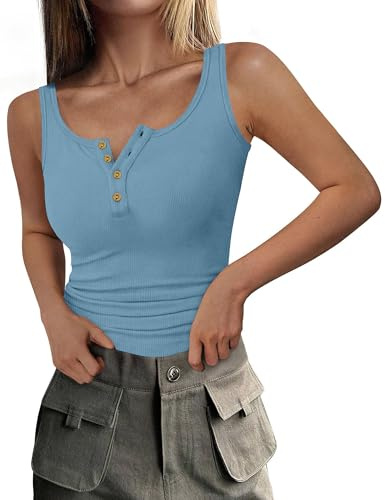 DUOEASE Canotta a Costine Donna con Bottoni Top Donna Estivi 2025 Girocollo T Shirt Donna Senza Maniche GrigioCiano-2XL