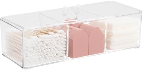 APOMOONS 3 Fächer Wattestäbchen Behälter Transparent, Badezimmer Organizer Stapelbar, Plastikbox mit Deckel, Kosmetik Organizer Schminke, Wattepads Aufbewahrung für Badezimmer, Waschtisch, Küche