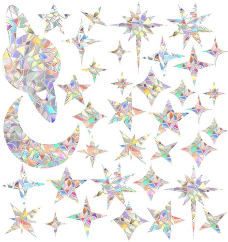 Lot de 37 autocollants de protection contre les oiseaux pour fenêtre - Motif arc-en-ciel - Étoiles et lune - Avec effet prisme - Pour vitres en verre - Film anti-collision transparent