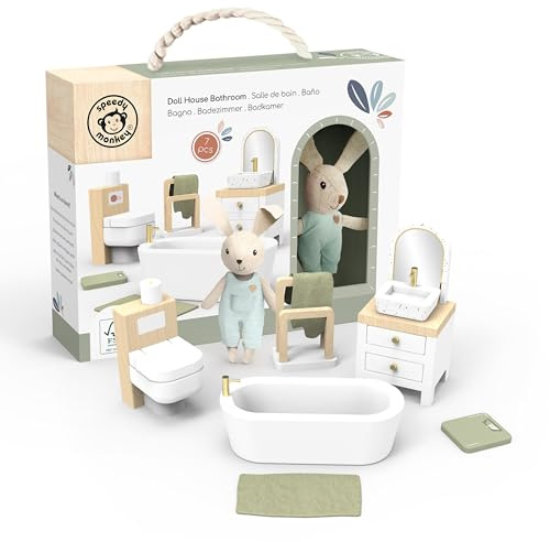 SPEEDY MONKEY Wooden Dollhouse Bathroom Playset with Bunny for Pretend Play | Miniature Bathroom Furniture Set with Bathtub, Sink, Toilet & Mirror | for Kids Ages 3+