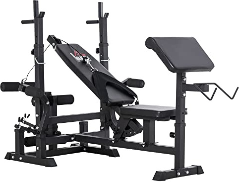 HOMCOM Panca da Palestra con Supporto per Bilanciere e Schienale Regolabile, Panca Pesi con Leg Extension e Leg Curl, Rack per Bilancieri, per Casa Palestra, Nero