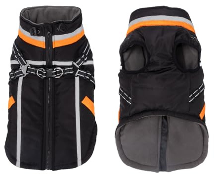 FEimaX Abrigo para Perro Impermeable Chaqueta de Invierno con Arnés y Forro Polar Cálido Chaleco Reflectante Ajustable Ropa a Prueba de Viento para Perros Pequeños y Medianos Mascotas (S, Negro)