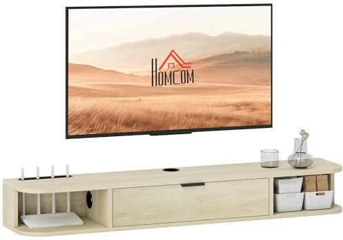 HOMCOM 120 cm Floating TV Unit, Wall Mounted TV Stand Cabinet with Flip Drawer, 2 Open Shelves and Cable Management, Modern Media Console for Living Room, Holds Television up to 50 Inch, Natural
