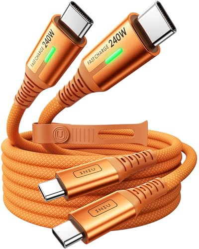 INIU 240W Cable USB C Carga Rapida, PD 3.0 Cable USB C a USB C, Nylon Tipo C para iPhone 17 16 15 Pro Max, Samsung Galaxy S25 S24 Ultra, MacBook Pro，iPad Air, Pixel 10 etc. [2-Pack Naranja 2m]