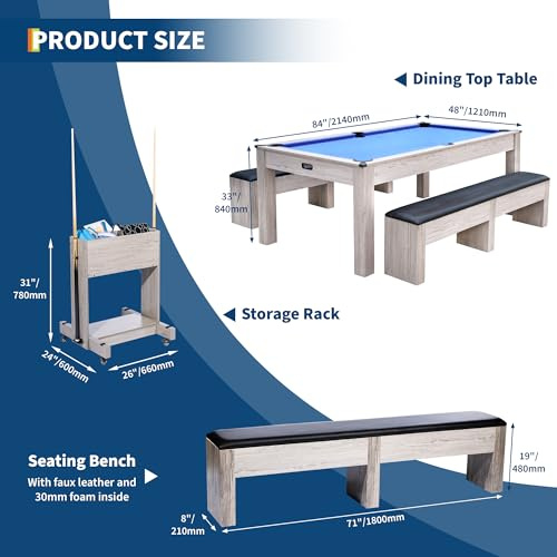 GarveeLife 7FT 3-in-1 Pool Table with Dining Top & Table Tennis | Billiard Table Set with Accessories (Balls, Cues, Ping Pong) | HDF Wood Grain Finish | Includes Rolling Storage Caddy