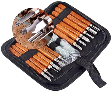 Veemoon Schnitzwerkzeug Satz mit 14 Teilen und Wetzstein Holzschnitzmeißel mit Ergonomischem Hartholzgriff Inkl Canvas Werkzeugtasche Holzhandwerk für Anfänger und Profis