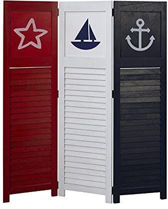 Homestyle4u 1824, Paravent Raumteiler Innen 3 teilig Holz, Raumtrenner Sichtschutz Maritim Mediterran Weiß Blau Rot