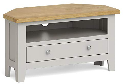 RoselandFurniture Grey Corner TV Unit with Storage 90cm | Country Style Painted Wooden Oak Top TV Stand with Drawer for Living Room, Fully Assembled Television Cabinet | Lundy