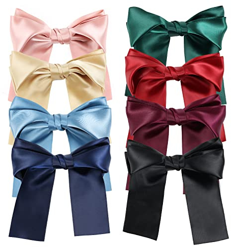 Lawie 8 Pack Bowknot Hair Accessories - 6 Inch Long Satin Barrettes, Big Bows for Girls and Women, Pink Red Blue Green Black Christmas Colors