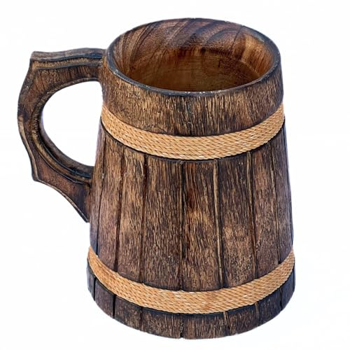 Medieval Wooden Beer Mug – Rustic Tankard Handmade Ancient Style Stein Souvenir Drinkware for Ale Coffee Groomsmen Gift Kitchen Bar Home Decor