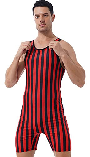 Aiihoo Herren Body Einteiler Wrestling Singlet Gestreift Overall Ärmellos Tank Top Sportbody Gymnastikanzug Sport Workout Bodysuit Sportwear Rot & Schwarz L