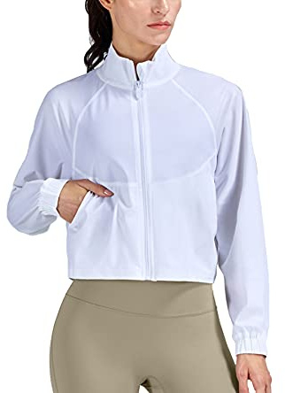 altiland Women's Athletic Running Yoga Gym Track Zip Up Cropped Jackets Long Sleeve Workout Shirts (White, M)