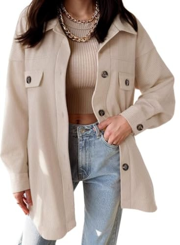 VICHYIE Womens Oversized Jacket Shirts Shacket Casual Long Sleeve Button Down Blouses Tops Fall Outwear Apricot XL