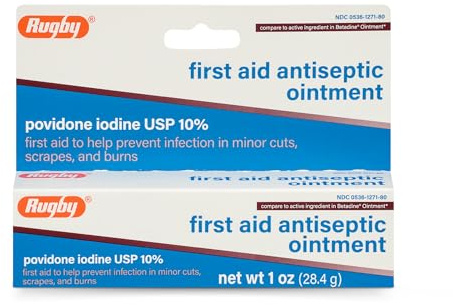 Rugby First Aid Antiseptic Ointment, Povidone Iodine USP 10% Topical Solution, Helps Prevent Infection in Minor Cuts, Scrapes and Burns - 1 Oz.