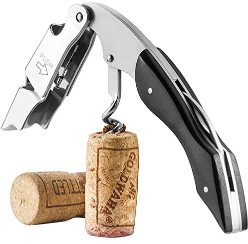 Cavatappi con Manico di Legno, tagliacapsule Professionale per Camerieri Apri Bottiglia Vino (Nero)