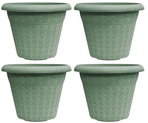simpa Geometric Petals Plastic Plant Pots - GREEN, Set of 4 Pots - 25.5cm (H) x 34cm Diameter