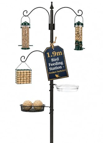 190cm Wild Bird Feeding Station with 5 Feeders & Water Bowl Stand | Multi-feed station with water dish, seed tray, peanut & suet feeders, quick assembly, sturdy metal construction