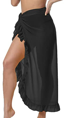 JFAN Pareo Femme Plage Long Wrap de Plage à Volants Couvertures de Maillot de Bain Bikini Cover Up Beachwear,Noir,Taille Unique