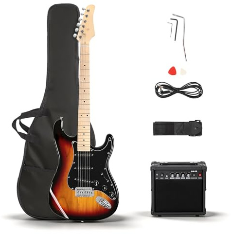LALAHO Full Size Electric Guitar with 20Watt Amp for Beginners, Sunburst | 39 Inch SSS Pickups Right Hand Electric Guitars Kit, Strap, Gig Bag, Tremolo Bar, All Accessories, for Musicians, Adults