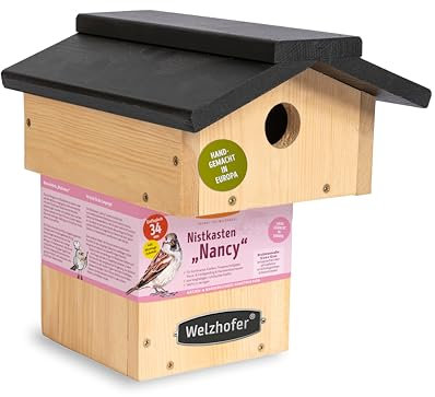 Welzhofer Nistkasten Nancy, Vogelhaus mit 34mm Einflugloch, handgemacht in Europa, für Kohlmeisen, Kleiber, Trauerschnäpper, Haus- & Feldsperlinge & Gartenrotschwänze, katzensicheres Vogelhaus