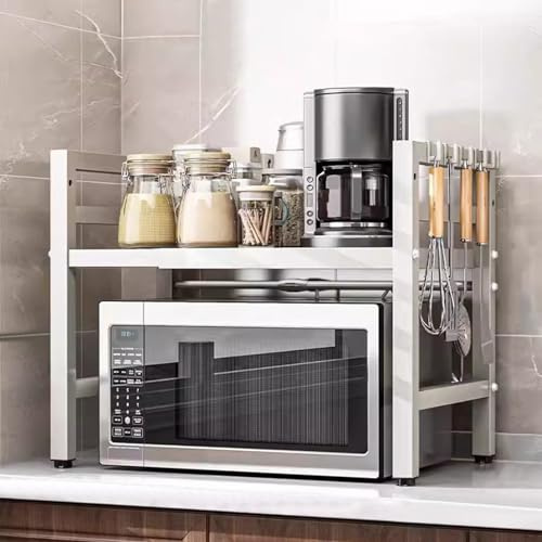 WMLBK Microwave Oven Rack,Expandable Microwave Rack 3 Tier Microwave Oven Shelf Carbon Steel Over Microwave Shelf Width 40-63cm Adjustable Kitchen Counter Organizer with 6 Hooks (2-Tier White)