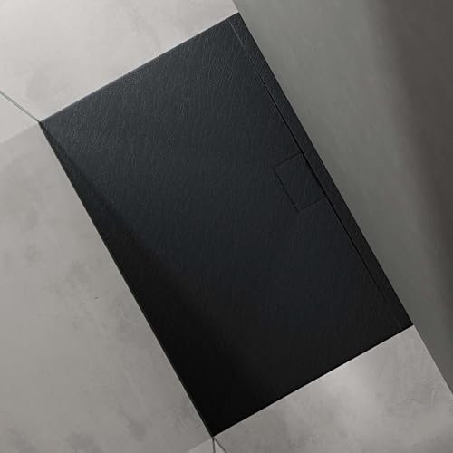 doporro Duschtasse Duschwanne 90x140x3 flach Mineralguss in Anthrazit DIN-Anschlüsse für bodengleiche Montage geeignet Geoma07