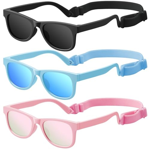 zestero Baby Infant Toddler Sunglasses with Strap for Boys Girls Age 0-24 Months, 3 Pack Flexible TPEE Rubber Frame Kids 100 UV Protection Sunglasses Newborn Shades