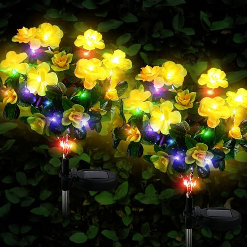 FWLWTWSS Solar Flower Lights Outdoor Garden - 2 Pack Rhododendron Solar Lights, Powered Waterproof with 21 Small Rhododendron Flowers, Garden Ornaments Outdoor (Yellow)