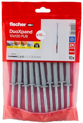 fischer DuoXpand 10 x 120 FUS, High-Quality Universal Dowel with Hex Screw & Moulded U Washer (Pack of 10), Dowels for Strong Hold, Ideal for Porous Building Materials & Close to Edge Anchors