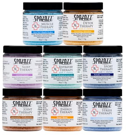Spazazz RX Therapy Hot Tub Spa and Bath Aromatherapy Salt Crystals 4oz 8 Pack Sample Bundle Includes Muscle - Joint - Detox - Stress - Respiratory - Sport -Sleep - Energy. Great for Muscles & Joints