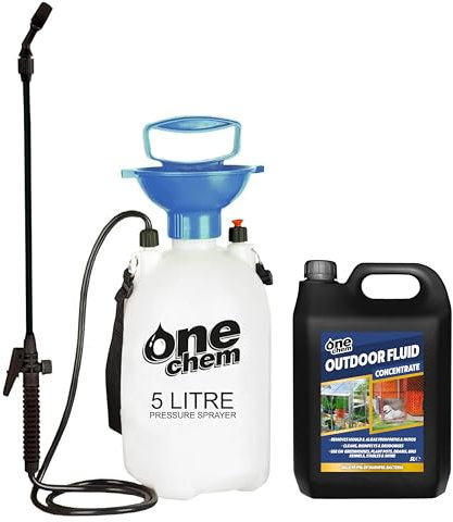 One Chem Outdoor Fluid 5 Litres with 5L garden Sprayer, Kills 99.9% Bacteria, Disinfects Greenhouses, Plantpots, Drains, Bins, Kennels, Stables
