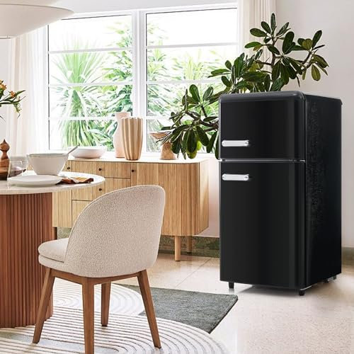 Merax Retro-Kühlschrank mit Gefrierfach, 72L Nutzinhalt, 21L Gefrierraum, LED-Beleuchtung, Verstellbare Füße, 120 kWh/Jahr, 45x44x91cm, Erhältlich in Schwarz [Energieklasse E]