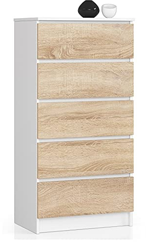 Home Collective Kommode in weiß-Sonoma mit 5 geräumigen Schubladen, 60 cm breit, 121 cm hoch Schlafzimmer Flur Wohnzimmer Organizer Kommode mit Schubladen Holz Highboard Sideboard Schrank