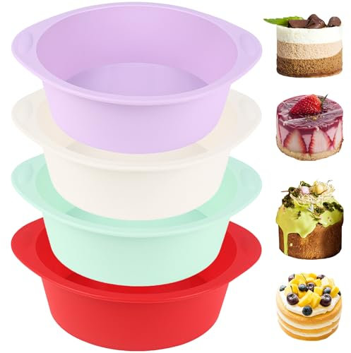 Mlying 4 Stück Silikon Kuchenform Rund, Antihaft Klein Backform 15cm, Silikonform für Kuchen, Käsekuchen und Brote (Rot+Weiß+Lila+Grün, Rund)