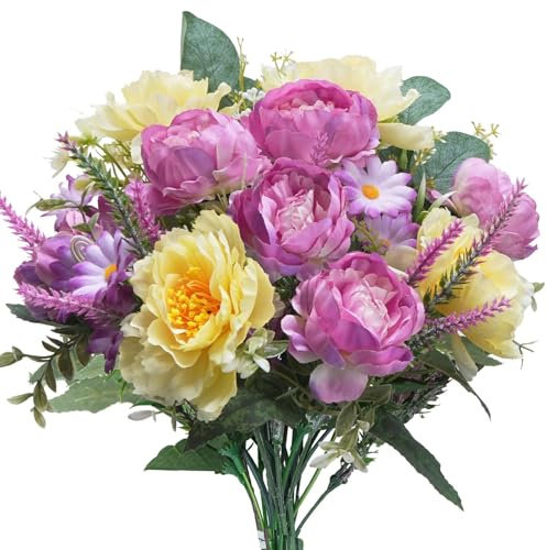 Zythrem Peony Artificial Flowers Fake Peonies Silk Flowers Bouquet Mix Lavender Daisy Flowers Fake Flowers Realistic Flower for Wedding Decoration Table Centerpieces Home Office Grave（Purple,Yellow）