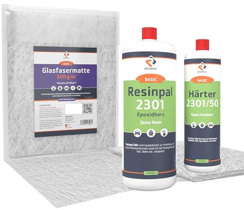 1,5 kg Epoxidharz mit Härter & 1 m² Glasfasermatte 300 g/m² | Resinpal 2301 | Epoxy & Gewebe Set | Zum Laminieren & Gießen | Kunstharz Made in Germany | Direkt vom Hersteller | Für Anfänger & Profis
