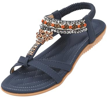 ZOEREA Womens Flat Sandals Summer Rhinestones Flower Flip Flops Ladies Elastic T-Strap Bohemian Shoes Fit Vacation D-Navy Blue,8.5 UK