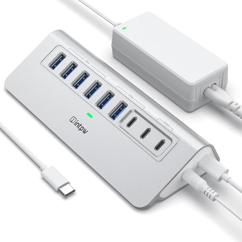 Powered USB Hub 10Gbps, intpw 9-Port USB 3.2 Hub, USB C Hub with USB A/USB C 3.2, 4 USB 3.0, 2 PD 45W Charging Ports, 65W Power Adapter and 3.3FT Cable, Aluminum USB Hub for Laptop, iPhone 17/16/15，PC