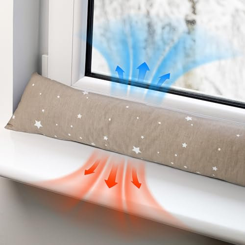 Burlete puerta entrada frío 90 cm - Bajo puerto y ventana cortavientos decorativo Ideal para aislar el frío en el hogar ventanas y cojín para habitación Algodón oeko-tex Beige con estrellas blancas