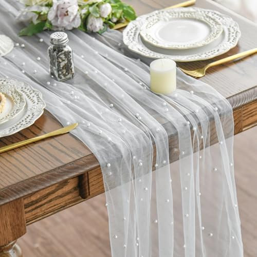 Artoid Mode Pearl White Gauze Table Runner 70x300 cm, Seasonal Sheer Cheesecloth Dining Holiday Birthday Table Decor for Home Party