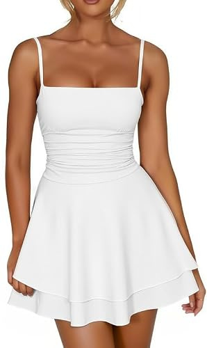 Sukiglam Vestido Mujer Sexy sin Manga Cuello Cuadrado Mini Vestidos de Tirantes Delgados Elegantes Dobles Capas Dobladillo con Volantes Vestido Corto Verano Ajustado Veranos de Fiesta Coctel Playa