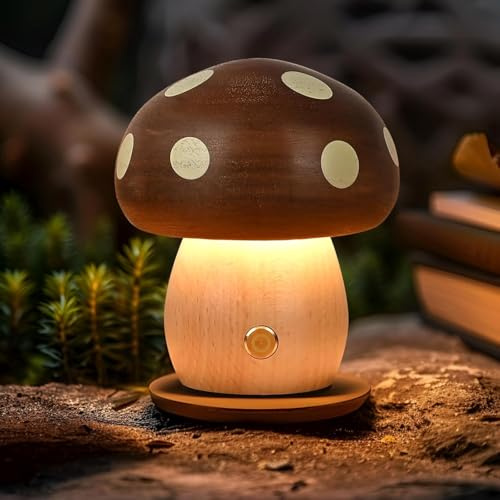 AIEHOUSE LED Mushroom Night Light, 9cm Wooden Table Lamp, Rechargeable Battery Operated, Touch Switch, Stepless Dimming