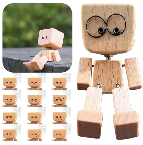 OHICETW Shaking Feet Wooden Doll - Shaking Wooden Man Figurine for Car Dashboard Decorations, with 12PCS Magnetic Expressions, Funny Bobblehead Desk Decor for Office Home, Creative Gift Idea