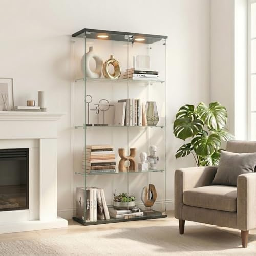 GAWYOEX Vetrinetta in vetro con LED 80,6x36,5x164,5 cm, 4 ripiani, 2 porte, serratura, per soggiorno, uffici, sala da pranzo e camera da letto