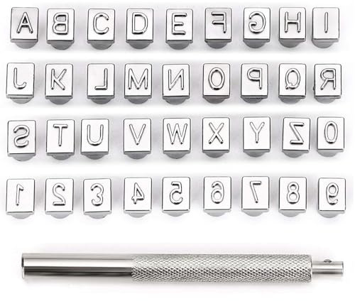 AURISSE Juego de sellos de alfabeto de 36 piezas, 1/4 pulgadas (6 mm), letras mayúsculas A-Z y números 0-9, sello para manualidades de cuero y manualidades