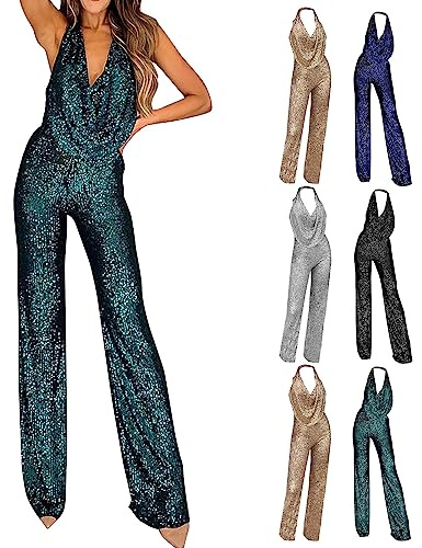 Byxdress dam, festlig, elegant kostym, overall, ärmlös, halterneck, paljettbyxor, eleganta sparkbyxor, glitter, festbyxor, V-ringad, jumpsuit, paljetter, hängslen dam, Guld, M