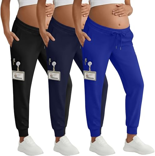 Velvelhall 3 Pack Women's Maternity Scrubs Pants Pregnancy Workwear Joggers for Nurses with Drawstring and 6 Pockets (Black, Navy Blue, Royal Blue,Small)