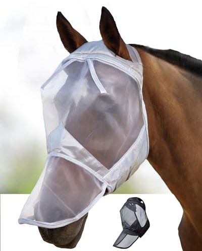 Harrison Howard CareMaster Masque Anti-Mouches Protection Anti-UV avec Naseaux Argent Cheval de Trait (XL)